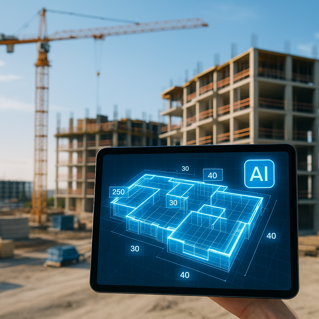 A modern construction site with digital blueprints overlayed on a tablet, showing AI-driven quantity takeoffs in action.