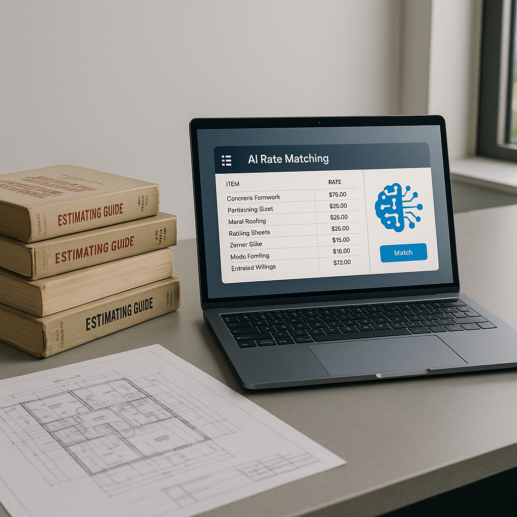 A modern construction estimator's desk with a laptop showing an AI-powered rate matching tool interface, surrounded by s...
