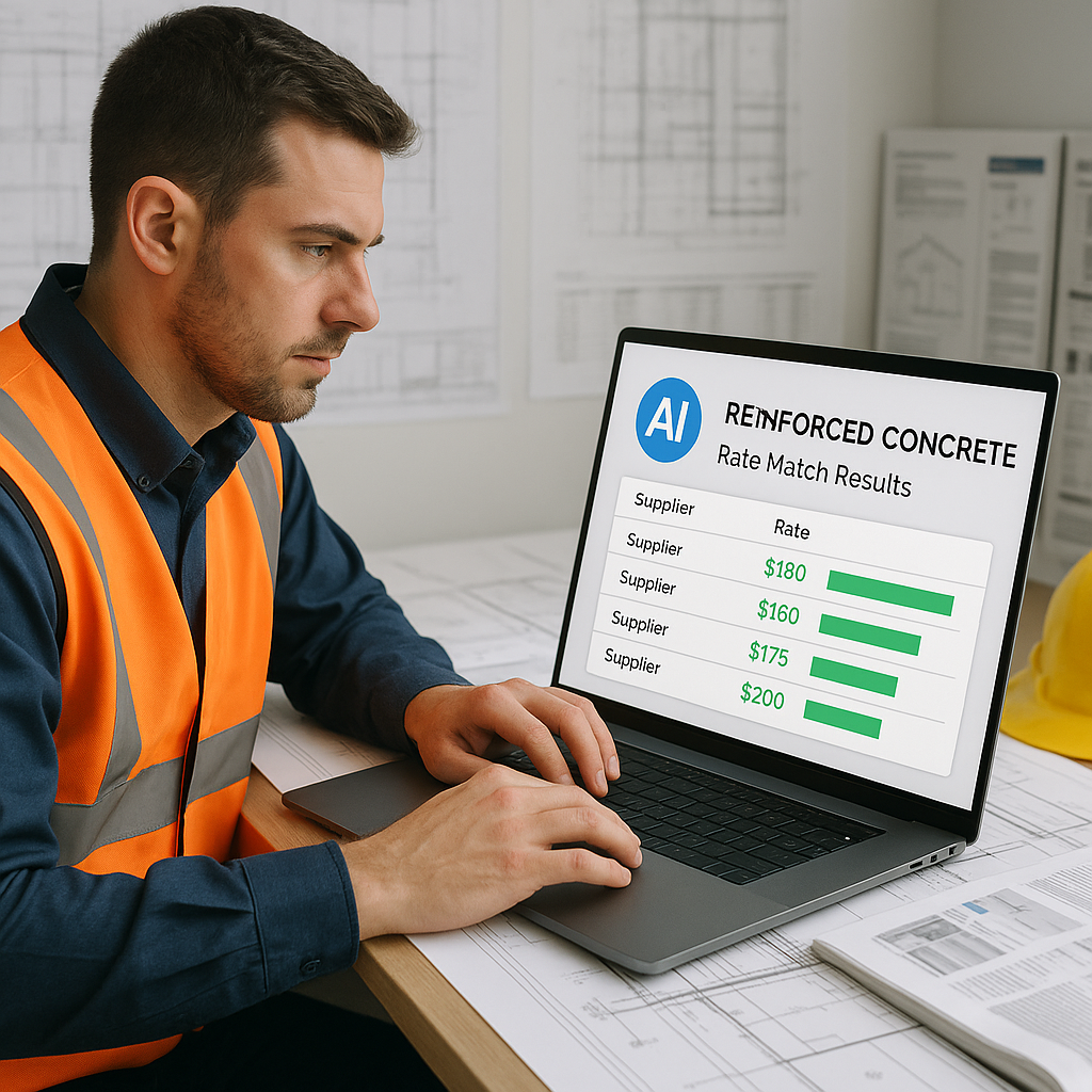 A construction estimator working on a laptop with an AI interface showing rate match results for reinforced concrete. Ba...