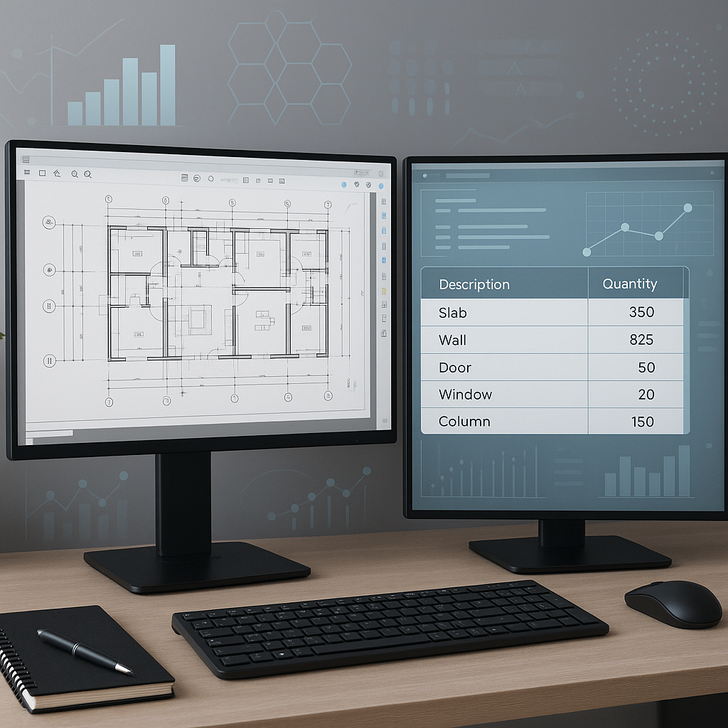 A modern construction estimator's desk displaying dual monitors: one showing PDF drawings and the other a software inter...