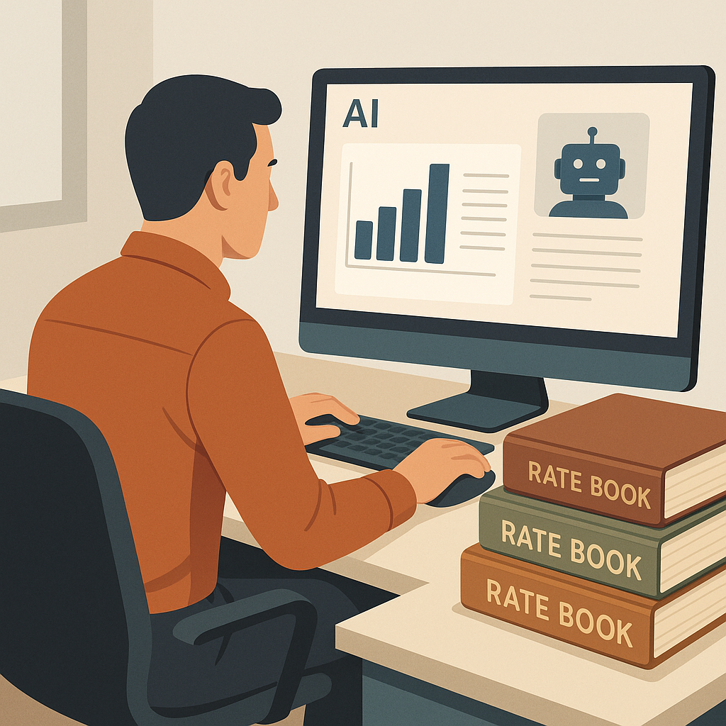 A detailed illustration of a construction estimator at a desk, using a modern AI-powered platform on a screen, with stac...