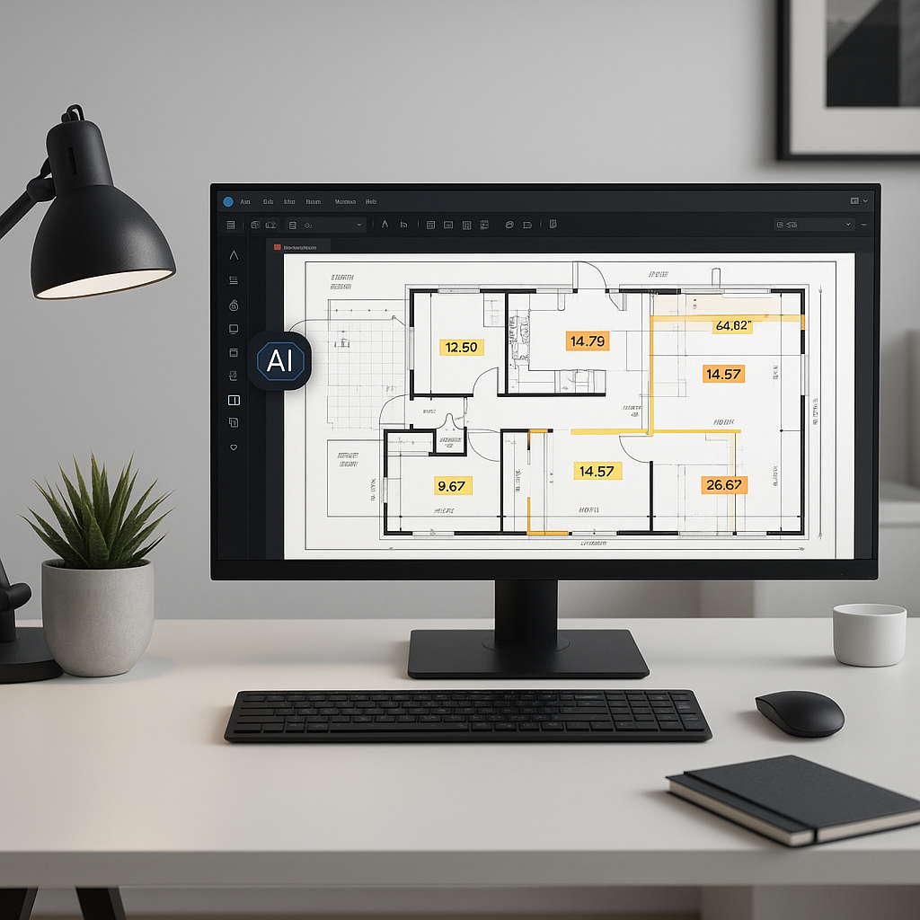 A high-tech construction estimator workstation with AI software on screen, analyzing a PDF of building plans with highli...