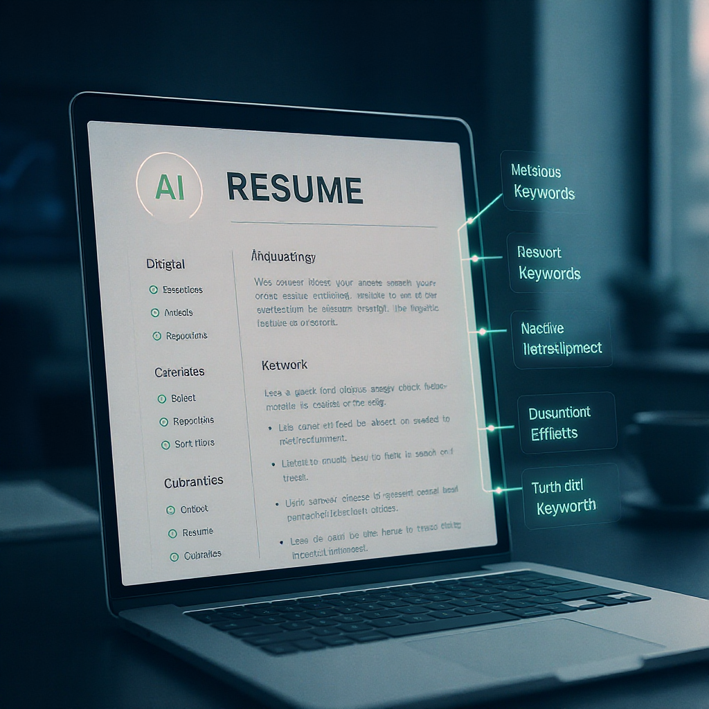 A sleek, modern AI interface analyzing a digital resume, with highlighted suggestions and keywords. The background is a...