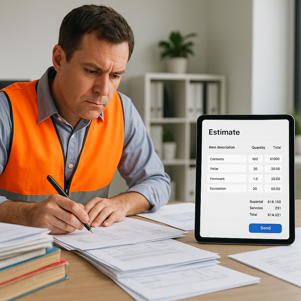 A construction estimator working at a desk piled with papers and rate books, contrasted with an AI-powered tablet displa...