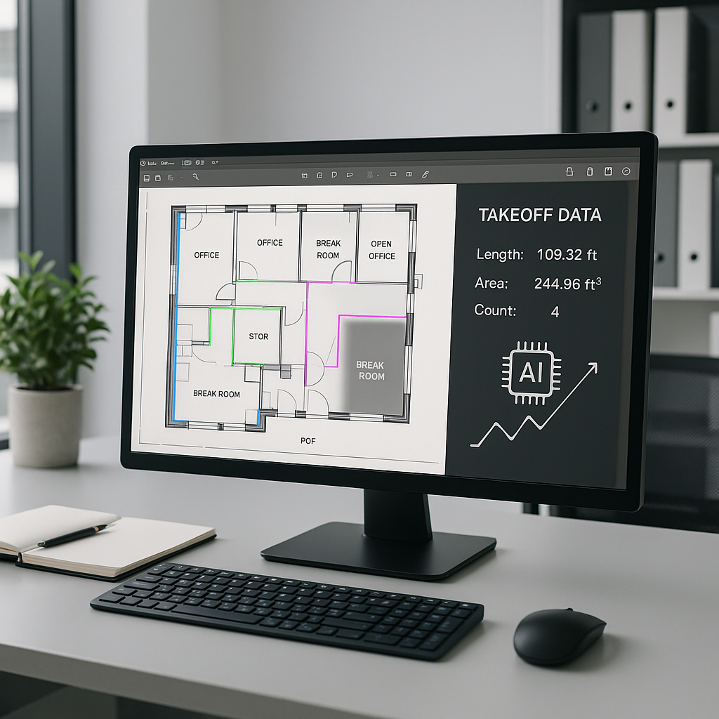 A sleek construction office with a digital interface displaying automated takeoff data from a PDF drawing, emphasizing s...