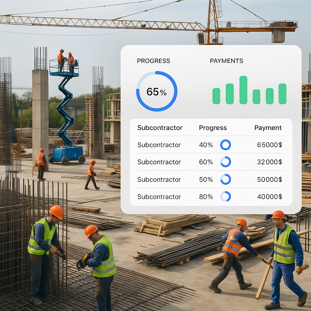A construction site with multiple subcontractor teams, overlaid with a digital dashboard showing real-time progress and...