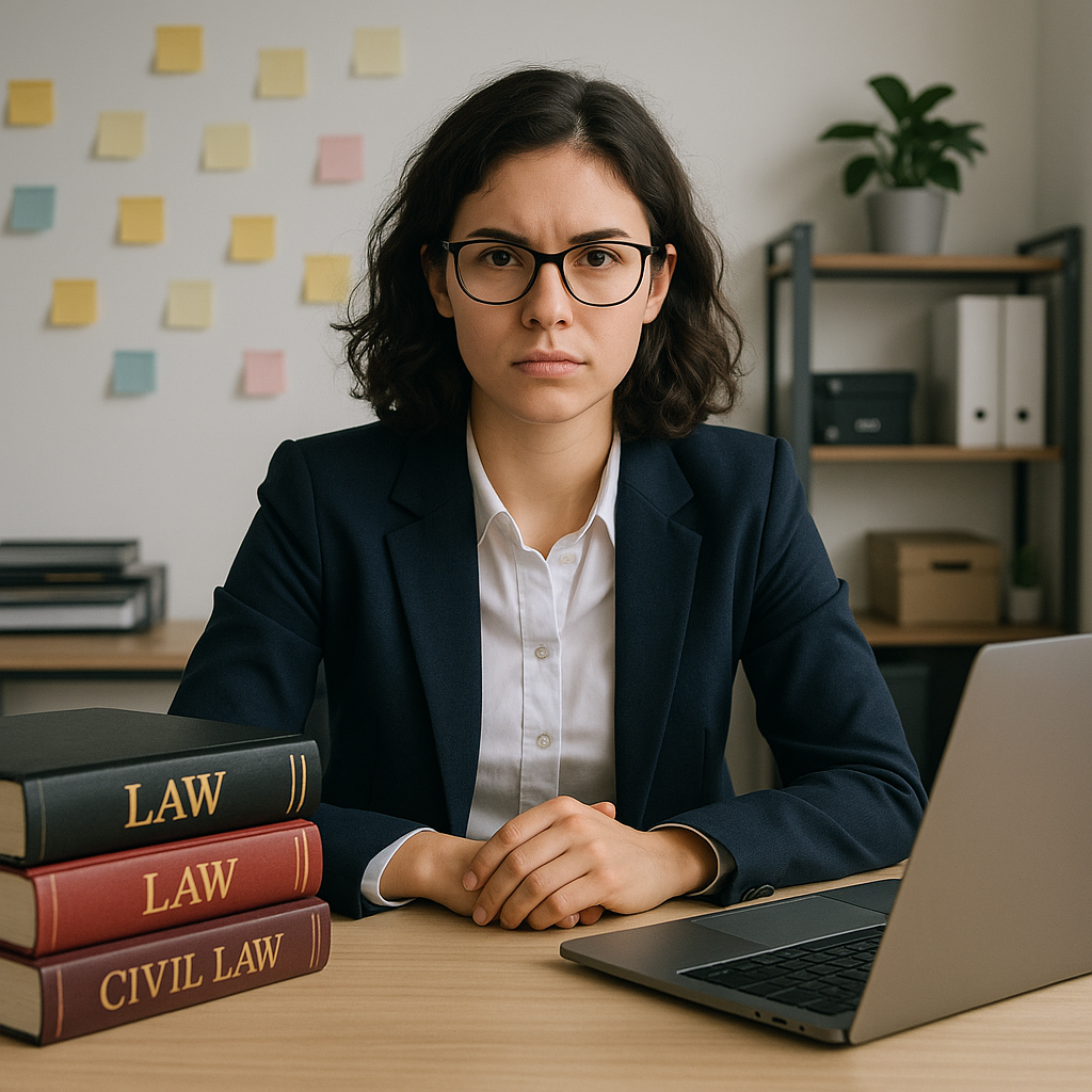 A young professional sitting at a desk with legal textbooks and a laptop, looking determined. Background: a cluttered wo...