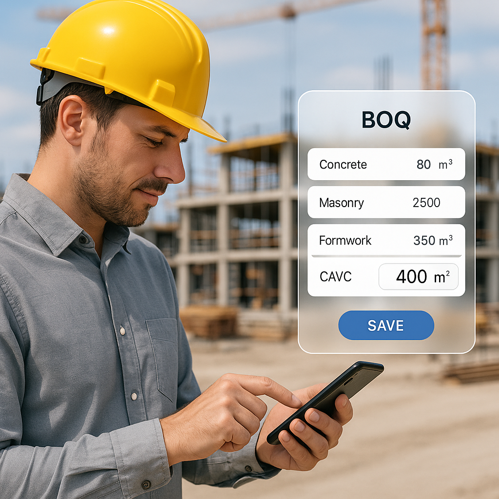 A contractor using a mobile app on-site to update a BOQ, with a clear construction site in the background and a digital...