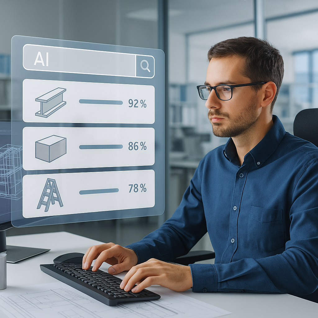 An engineer at a desk using AI software, with a digital overlay showing a search bar and matched rate results from a con...