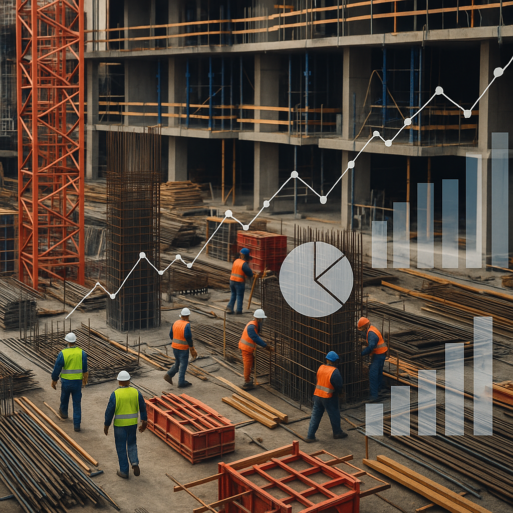 A busy construction site with workers, overlaid with digital graphs and charts representing financial data and project t...