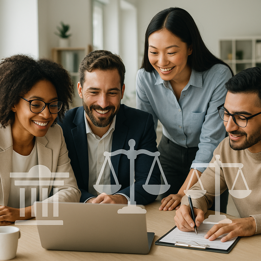 An office team with diverse members collaborating, overlaid with subtle legal symbols (e.g., scales of justice) to highl...