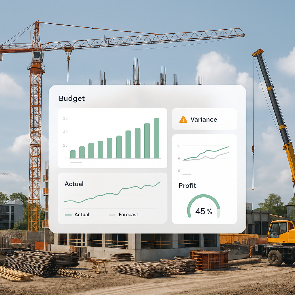 A construction site with an AI-powered dashboard overlay showing real-time budget tracking, variance alerts, and profit...