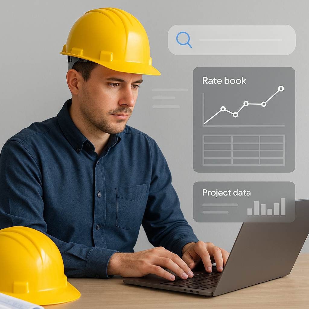 A construction estimator working on a laptop, with AI-generated visual elements like a digital rate book overlay, semant...