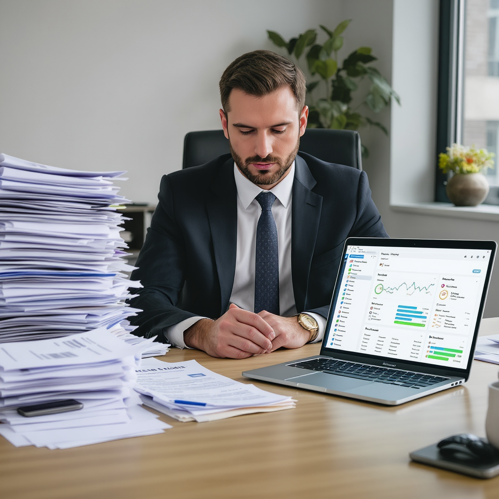 A busy recruiter sitting at a desk with a cluttered pile of resumes on one side and a sleek laptop screen showing an AI...
