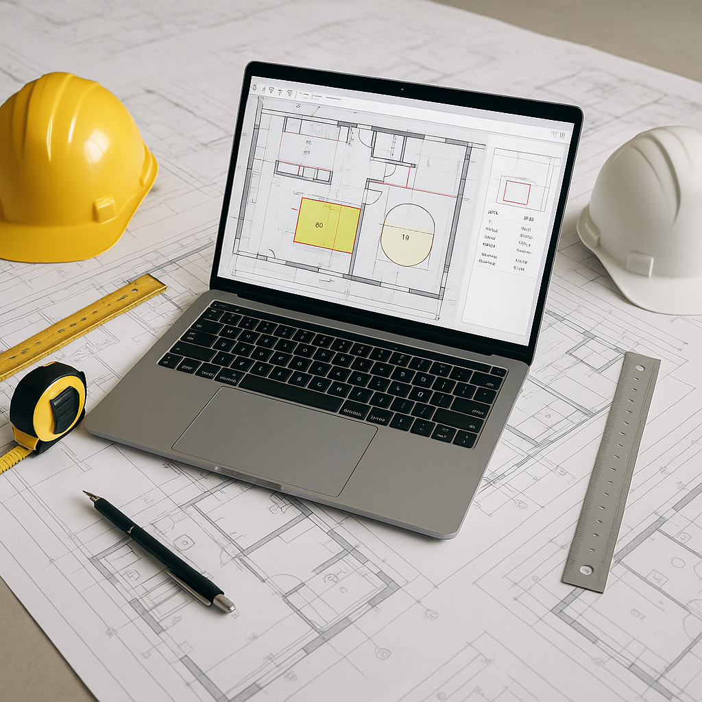 A realistic construction estimation scene featuring a laptop with AI-powered software analyzing PDF drawings, surrounded...