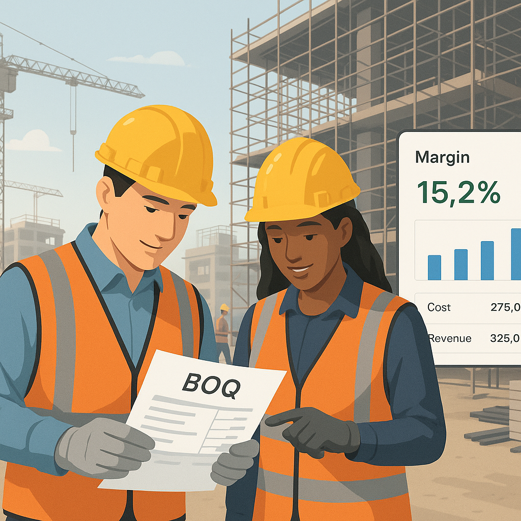 A detailed construction site with workers reviewing BOQs, scaffolding in the background, and a digital dashboard showing...