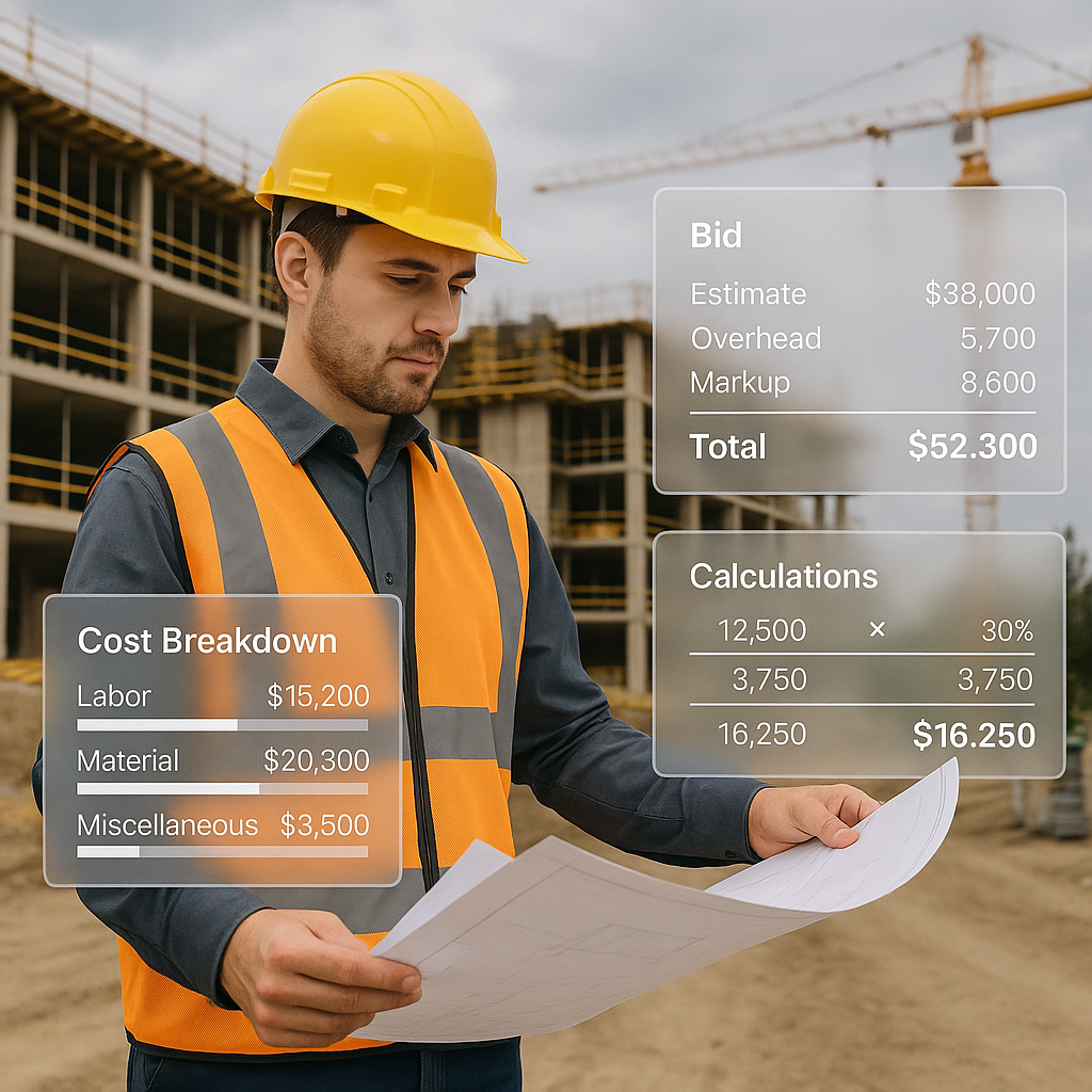 A construction site with a contractor holding a blueprint, surrounded by digital overlays of cost breakdowns and bid cal...
