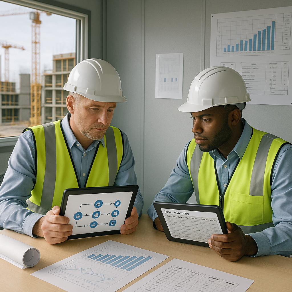 A construction site office with engineers reviewing a digital procurement workflow on tablets, surrounded by detailed ch...
