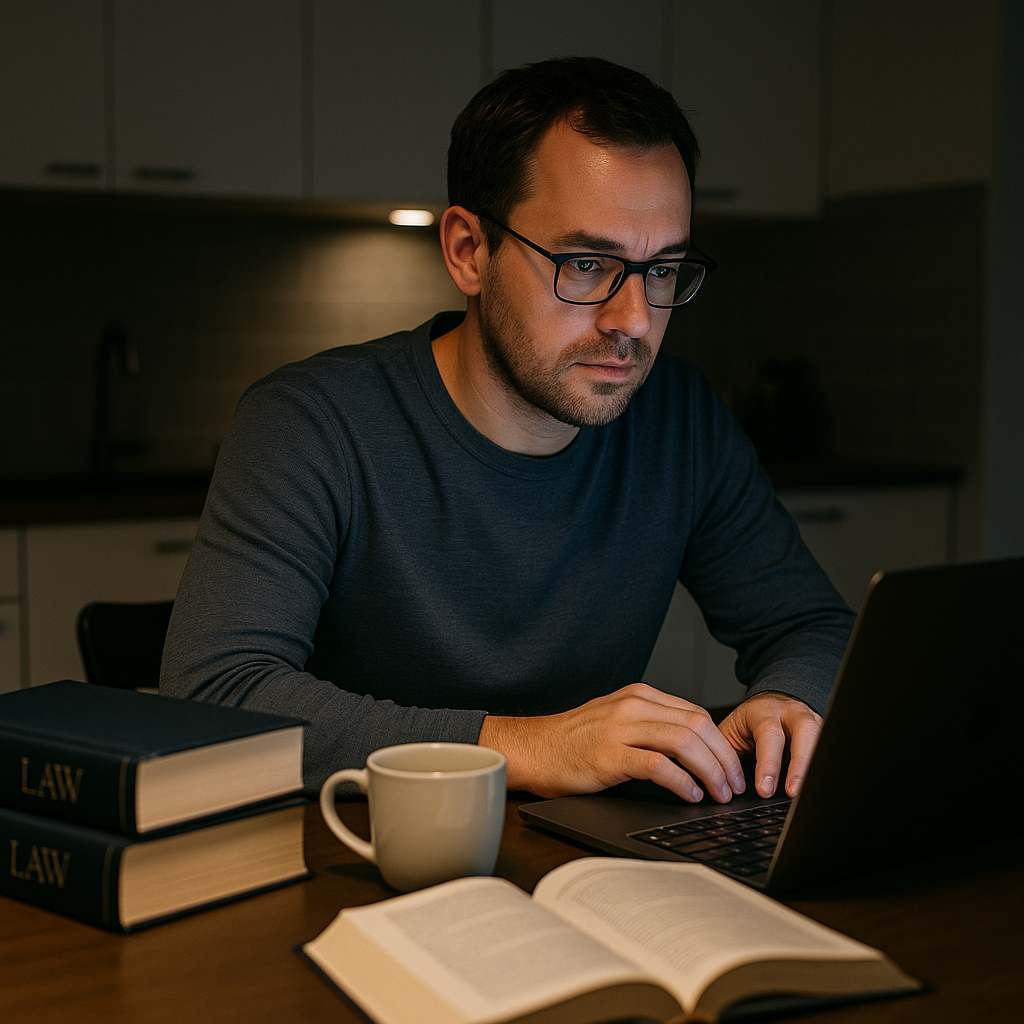 A mature student (30s) with a laptop and legal textbooks, sitting at a kitchen table with a coffee cup, studying late at...