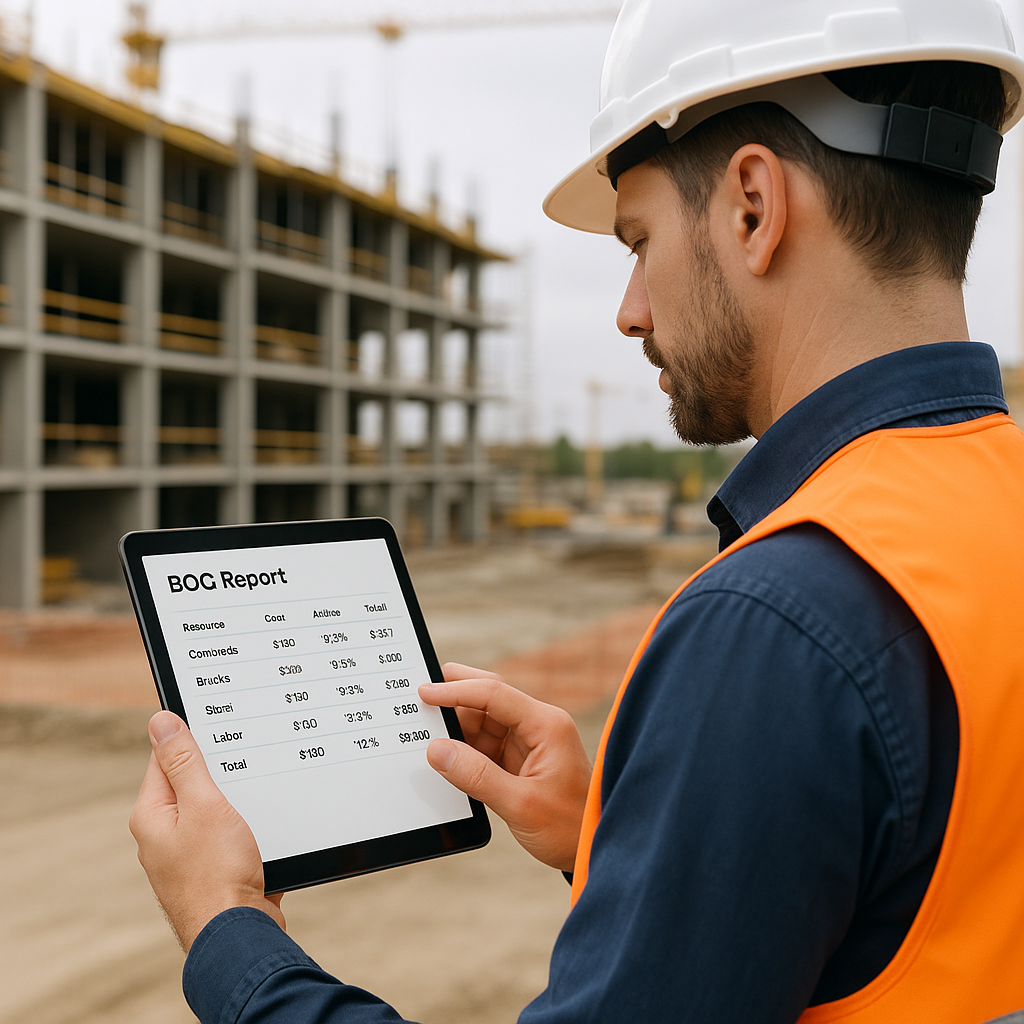 A construction project manager reviewing a detailed BOQ report on a tablet, with resource-specific cost breakdowns and m...