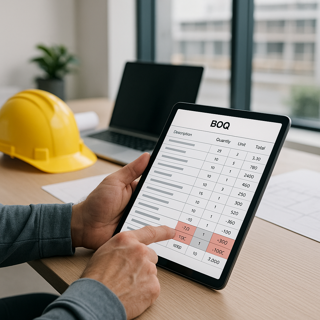 A contractor reviewing a digital BOQ report on a tablet, with highlighted negative-margin items. The setting is a modern...