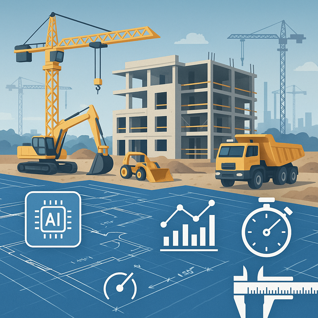 A detailed illustration of a construction site with AI-driven tools overlaying traditional blueprints, emphasizing speed...