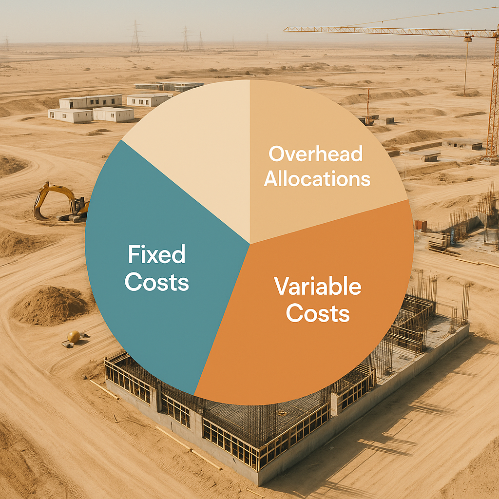 An overhead visualization for a GCC construction project: a labeled pie chart showing fixed costs, variable costs, and o...
