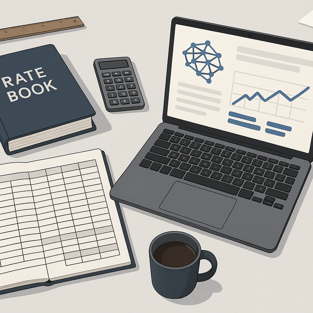 A detailed illustration of an estimator's desk with traditional tools like rate books and Excel sheets on one side, and...