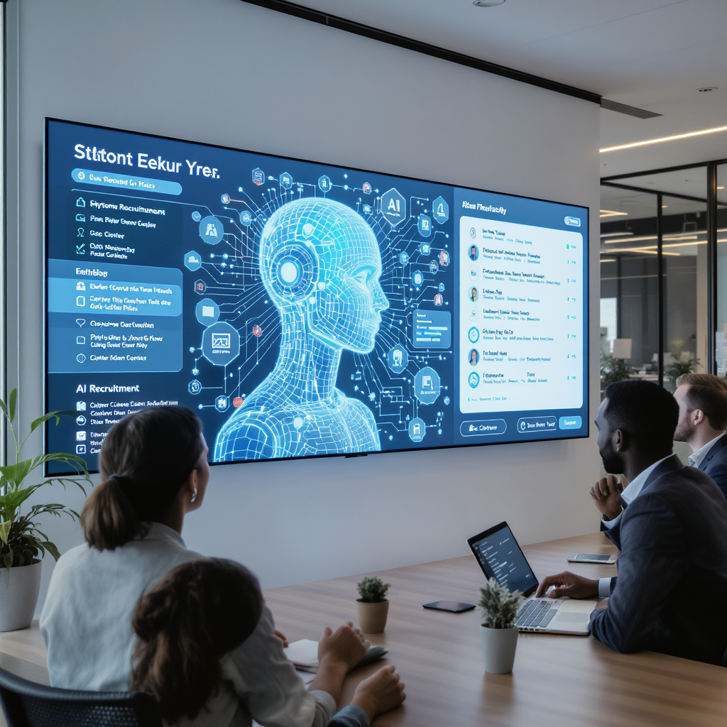 A modern recruitment office with a digital interface showing AI analyzing resumes on a large screen. Diverse team of rec...