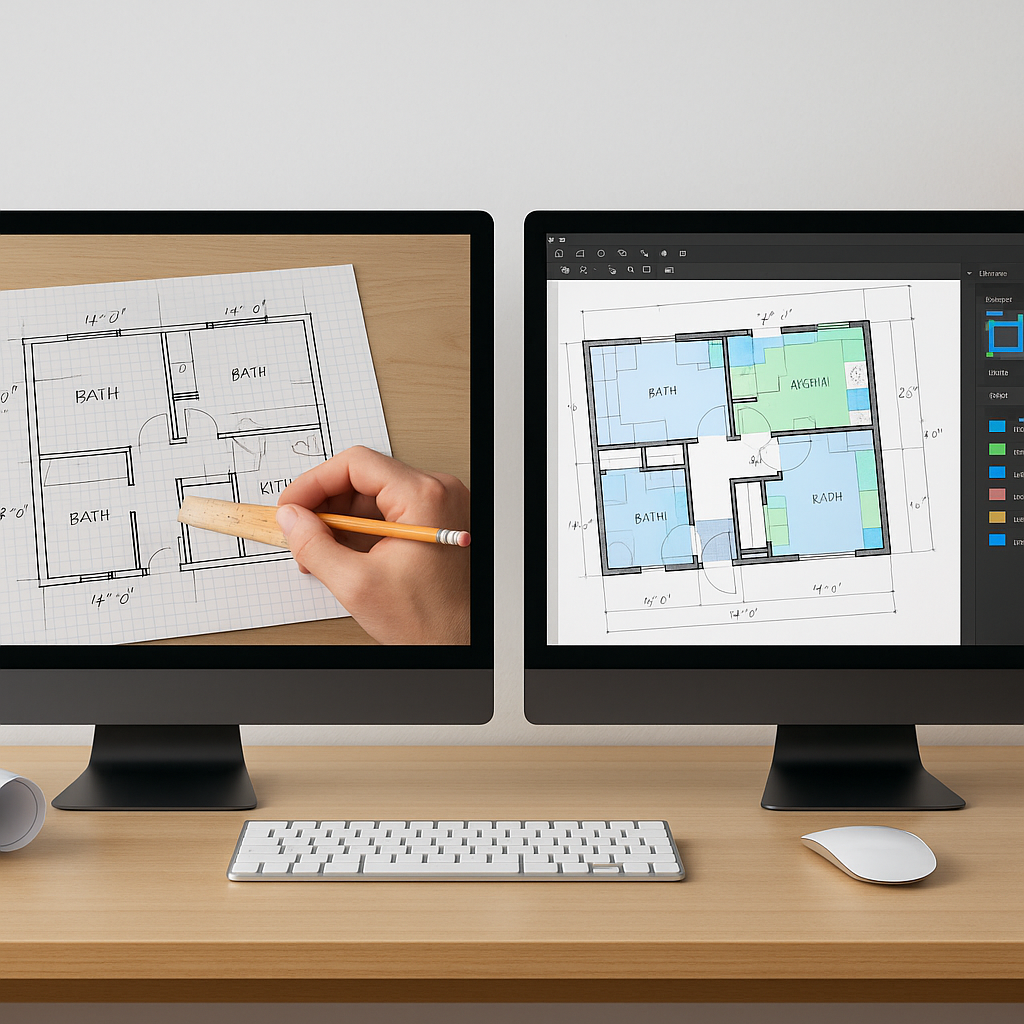 A construction estimator's desk showing side-by-side screens: one with outdated manual takeoff methods (ruler, paper), t...