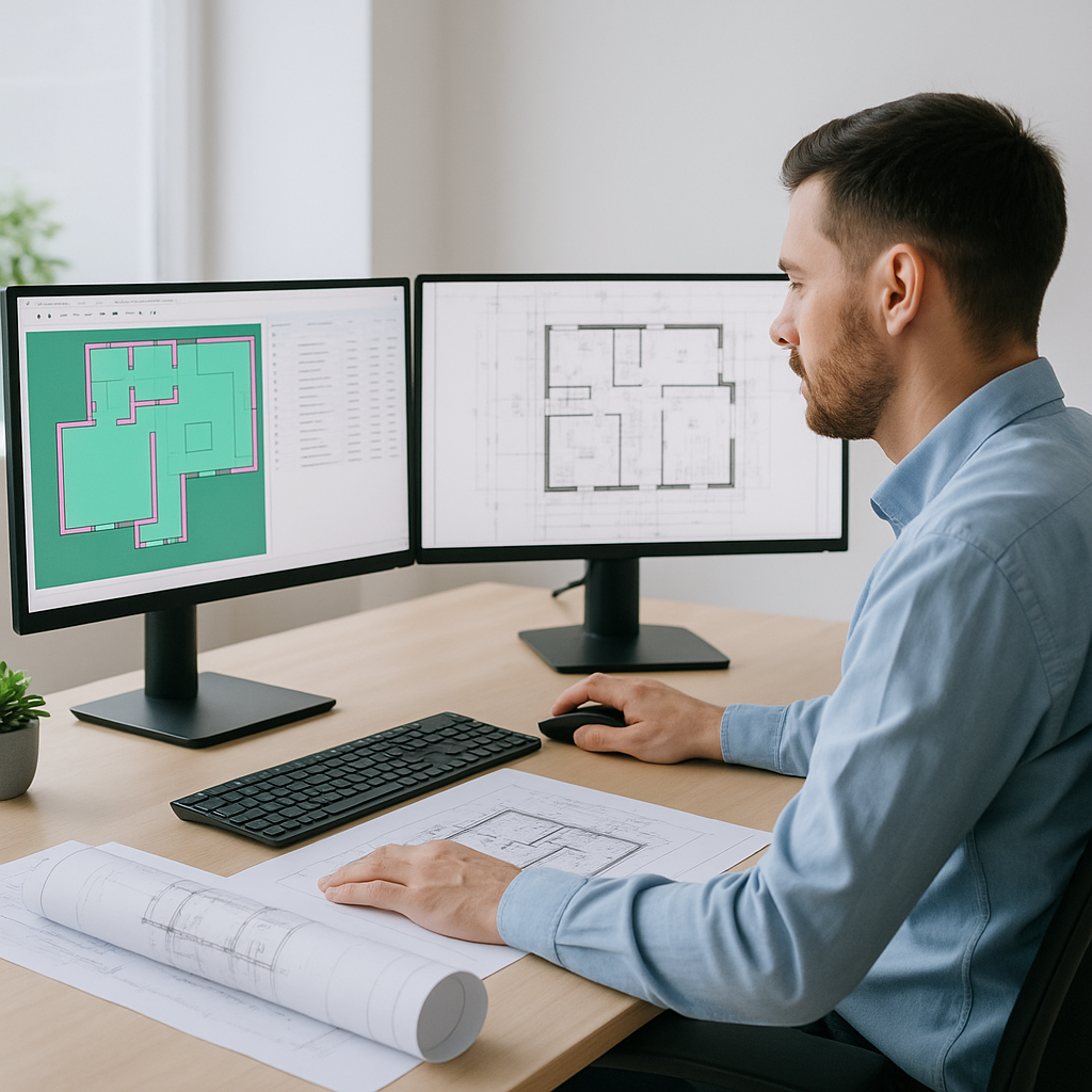 A construction estimator at a desk with digital takeoff software on one screen and a blueprint on another, highlighting...