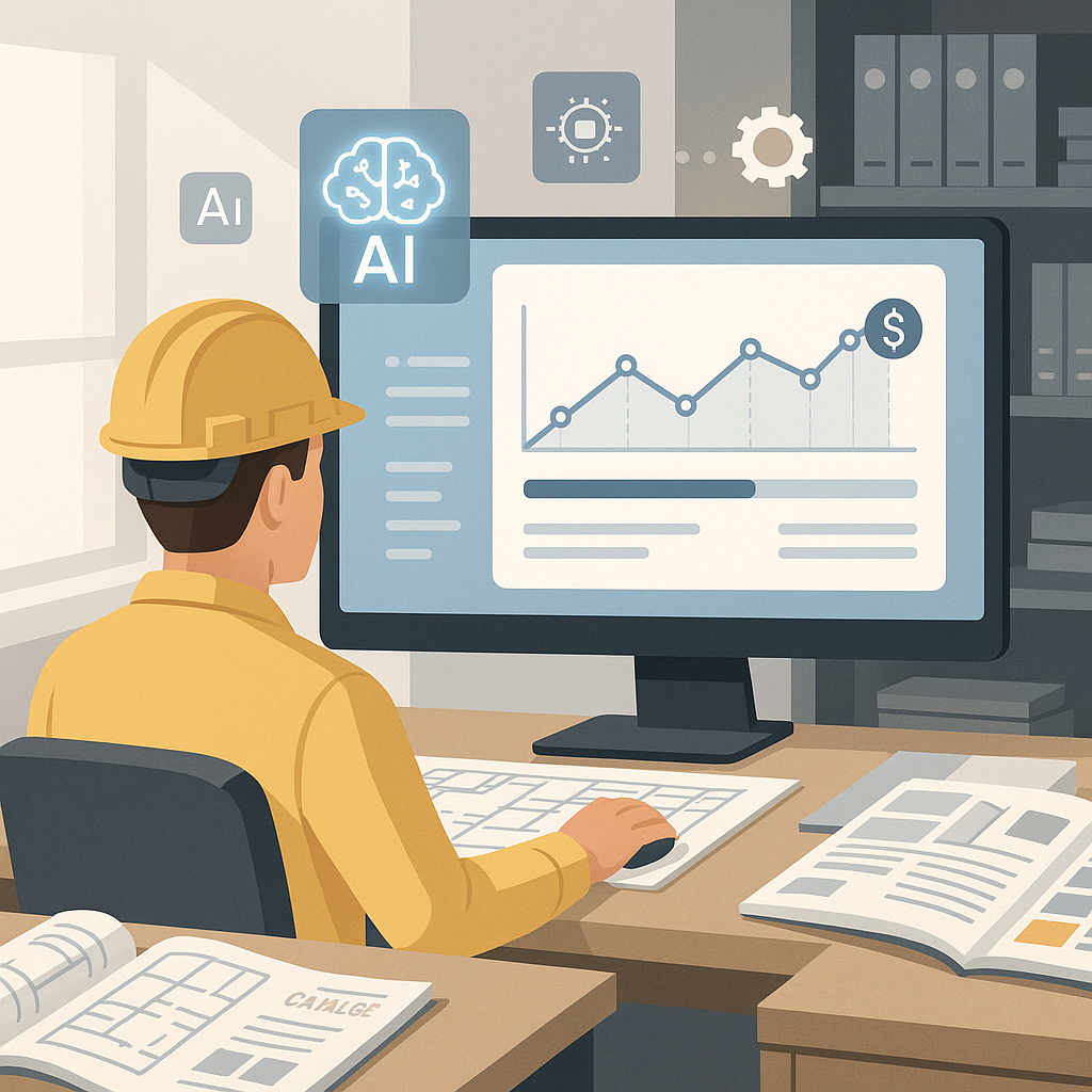 A detailed illustration of a general contractor's office with a digital interface showing AI-powered rate matching in pr...