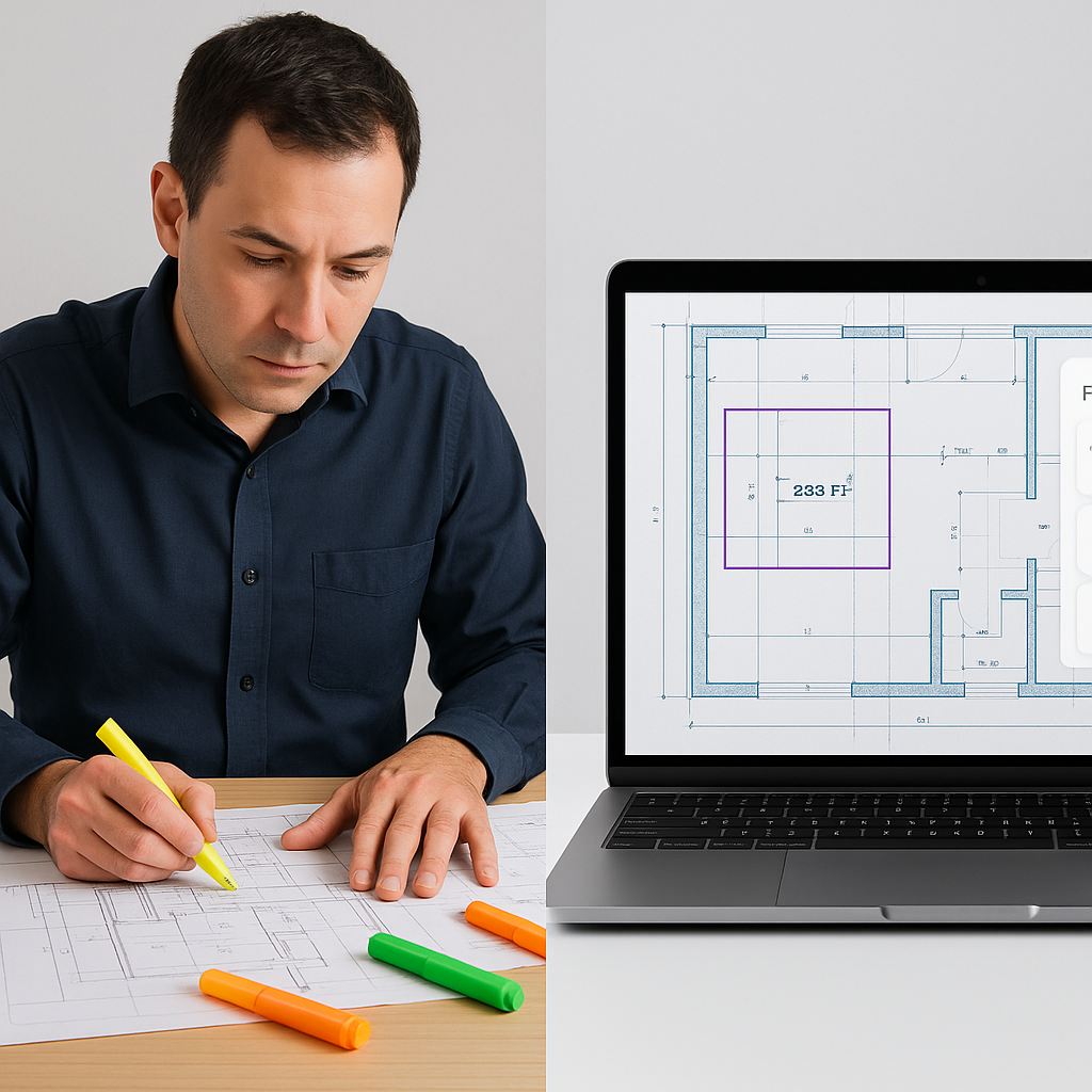 A side-by-side comparison: on one side, a construction estimator surrounded by paper plans and highlighters; on the othe...