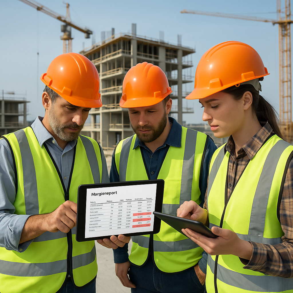 A construction site with workers reviewing a detailed BOQ margin report on tablets, showing highlighted negative-margin...