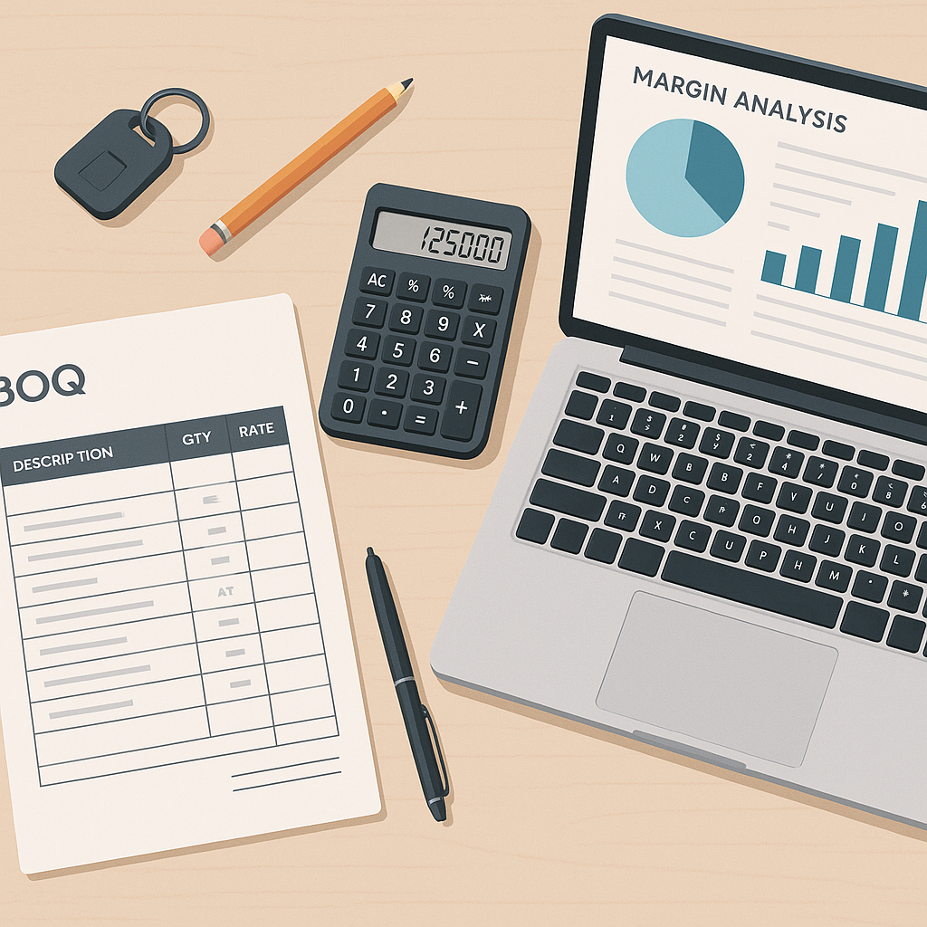 A detailed illustration of a contractor's desk with a BOQ, calculator, and laptop showing a margin analysis dashboard.