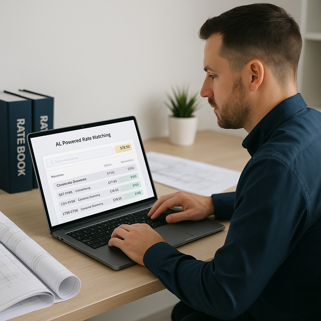 A construction estimator sitting at a desk with a laptop, showing an AI-powered rate matching tool interface. The backgr...