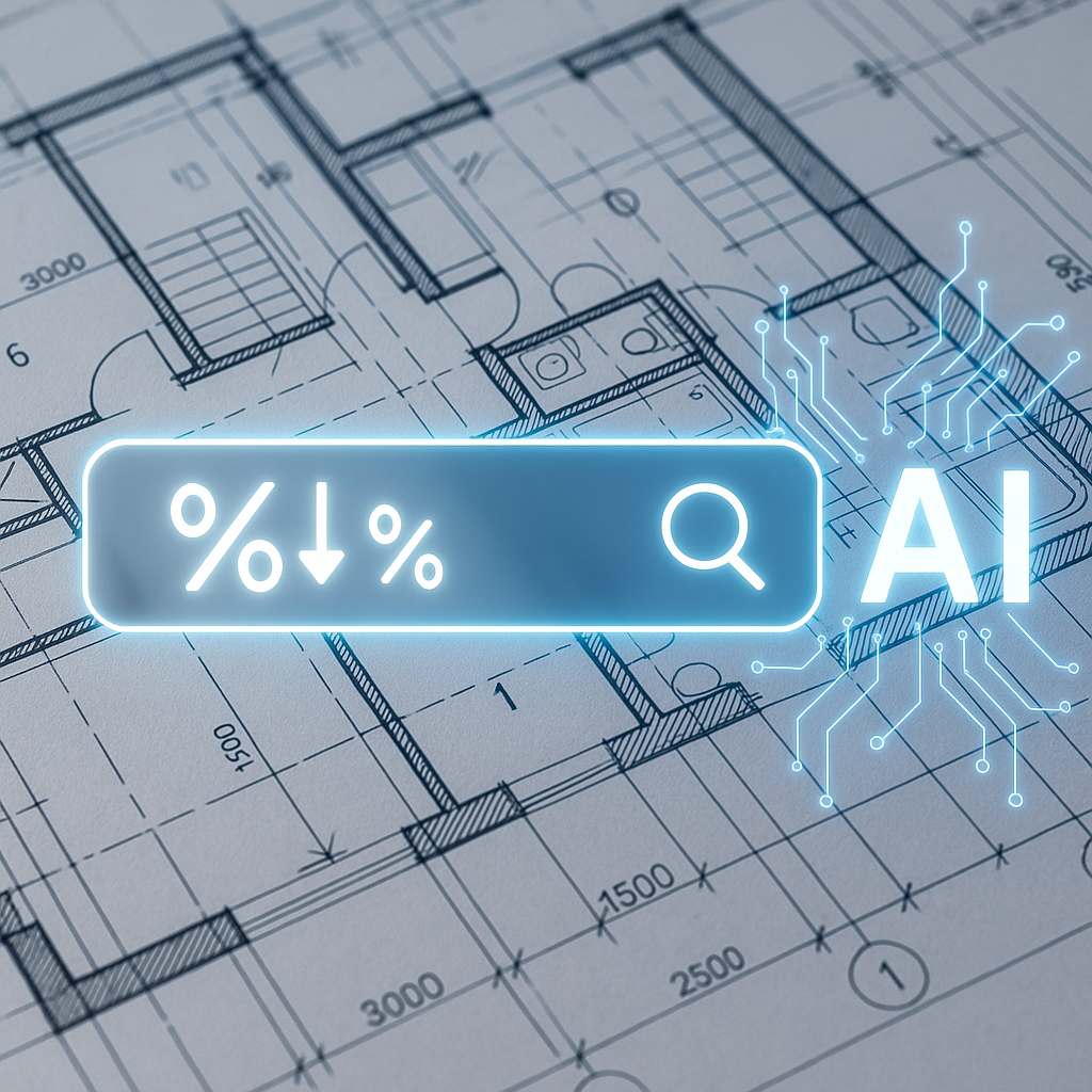 A technical drawing of a construction project overlaid with digital AI elements, like a glowing search bar finding rates...