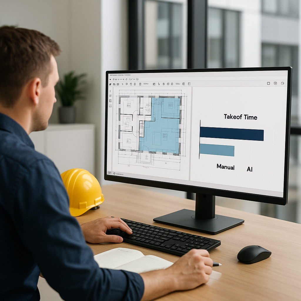 A modern office setting with a construction estimator using an AI-powered software interface. Include PDF drawings on sc...