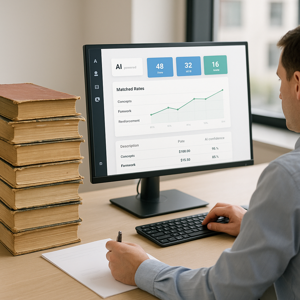 An estimator at a desk with a cluttered stack of rate books on one side and a sleek AI-powered dashboard on their screen...
