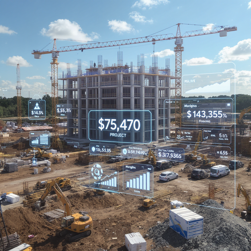 A detailed construction site with workers and equipment, overlaid with a transparent digital dashboard showing live proj...