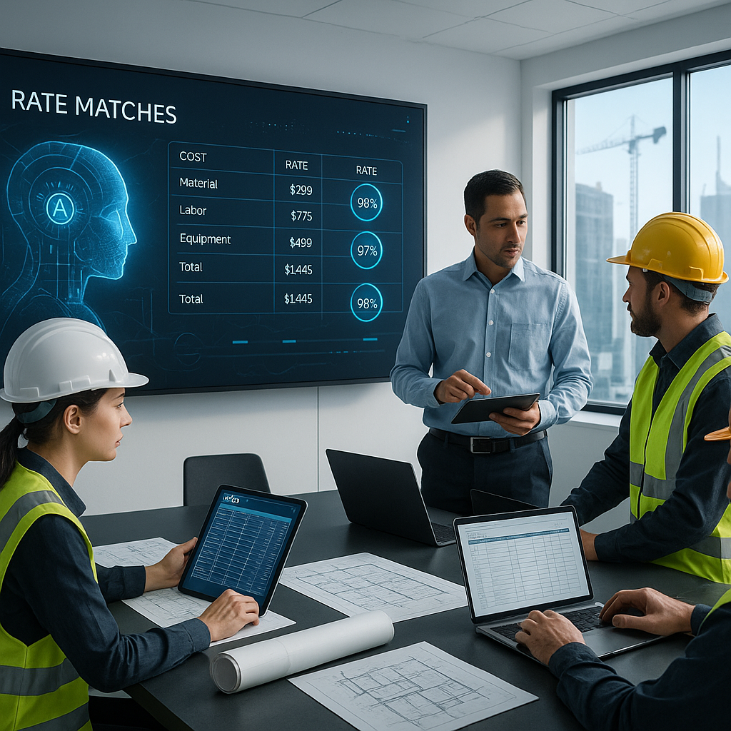 A futuristic construction office with an AI-powered platform displaying rate matches on a large screen, surrounded by co...