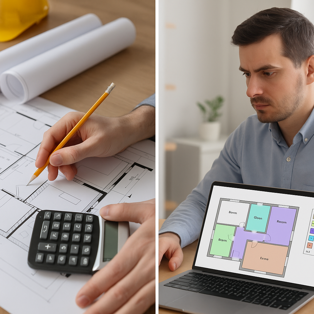 An estimator working on a construction project, with a split-screen showing manual takeoffs on one side and AI-powered t...