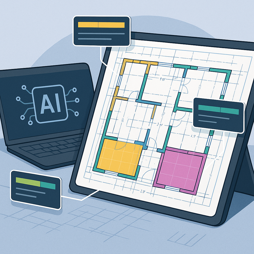 A detailed illustration of AI software analyzing a construction blueprint, with highlighted sections showing walls, beam...
