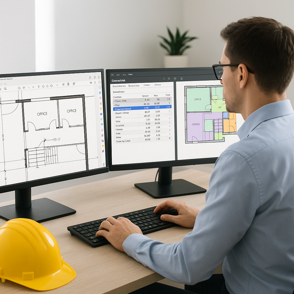 A construction estimator at their desk with dual monitors showing a PDF drawing and an AI-powered software interface ext...