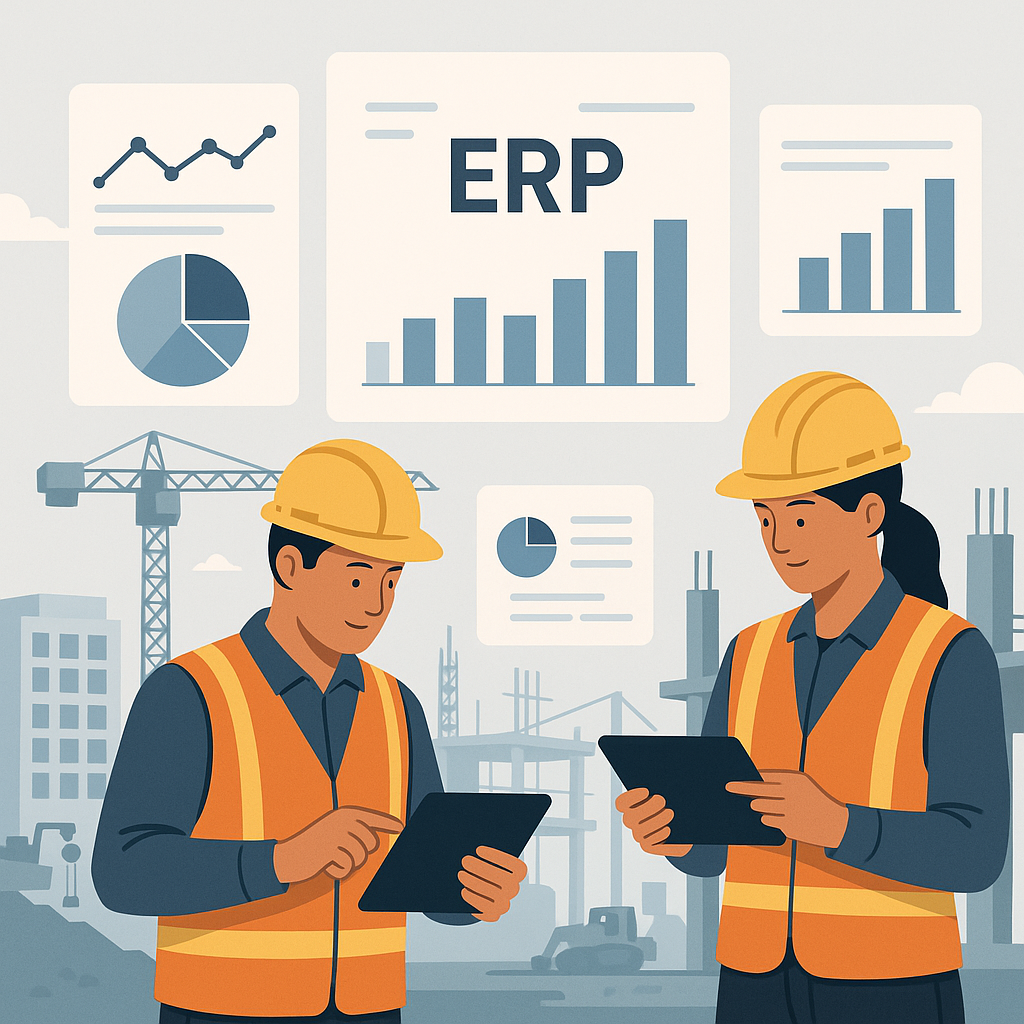 A construction site with workers using tablets, surrounded by charts and dashboards representing ERP data.