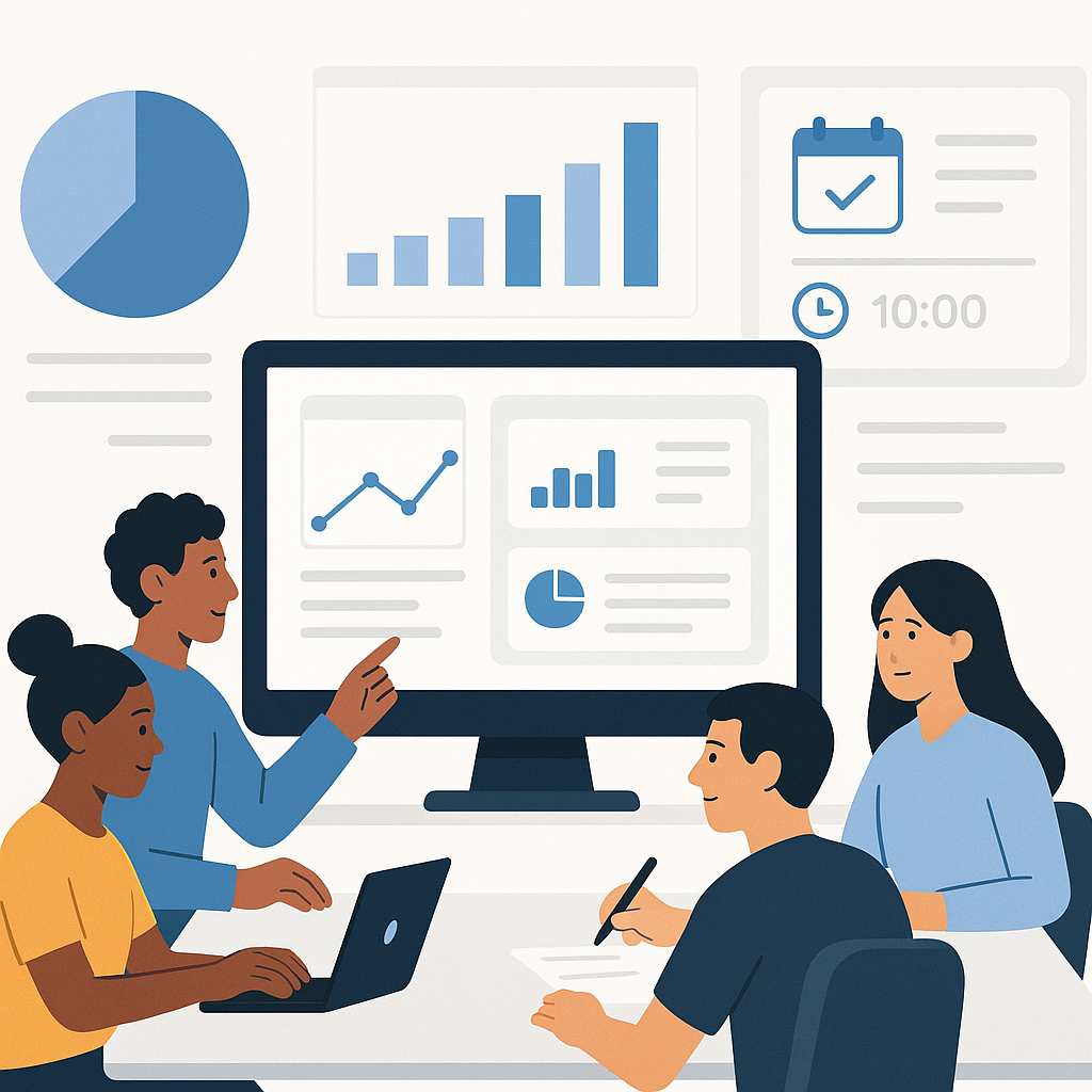 An illustrated image of a nonprofit team collaborating over a centralized dashboard, with charts and event details visib...