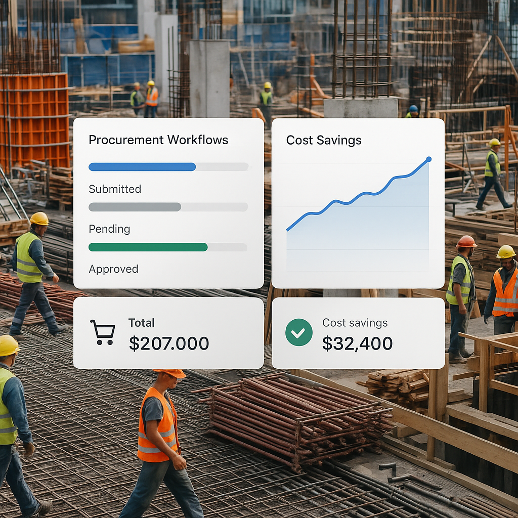 A busy construction site with workers and materials, overlaid with a digital dashboard showing procurement workflows and...