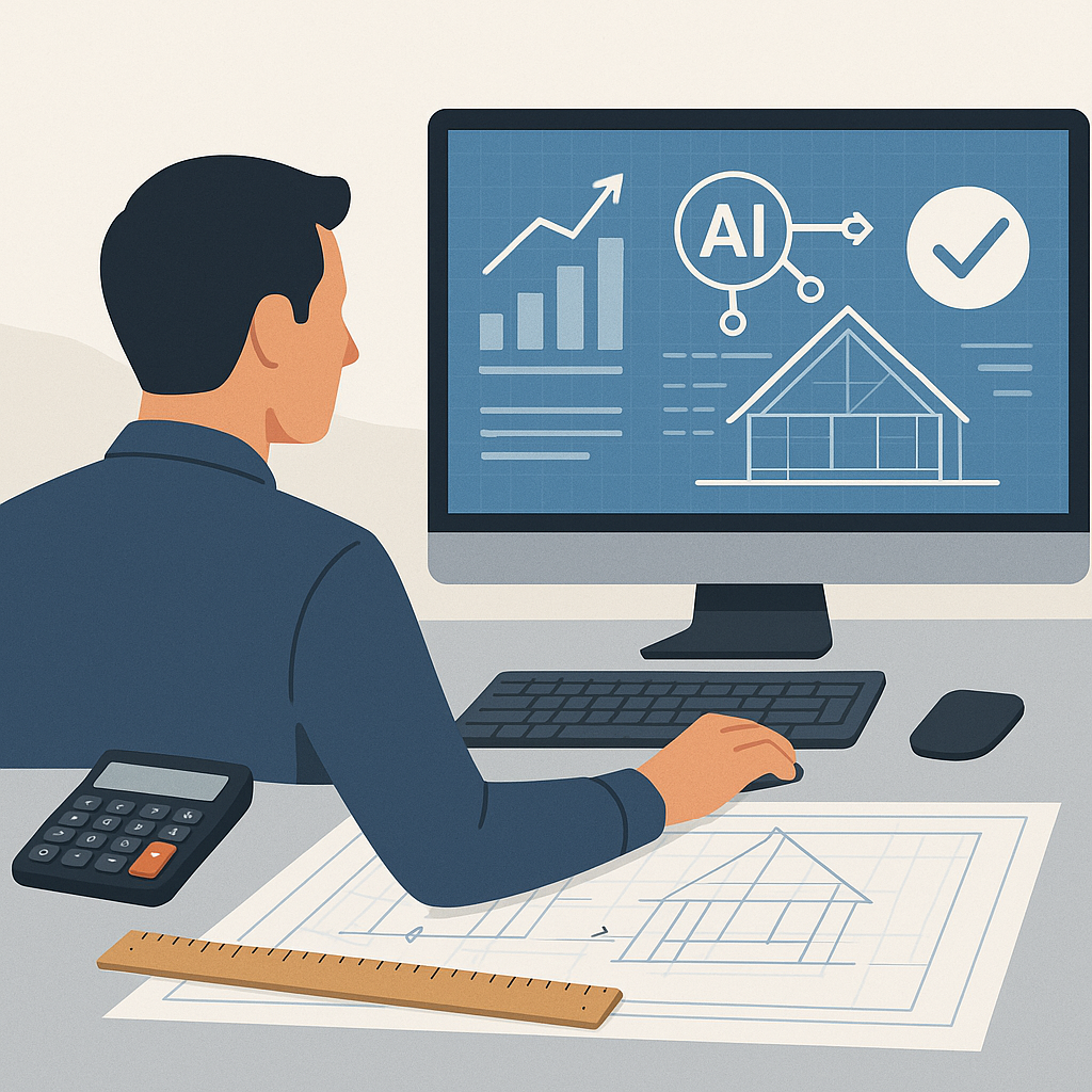 An illustration of a construction estimator at a desk with traditional tools (ruler, calculator) on one side and an AI-p...