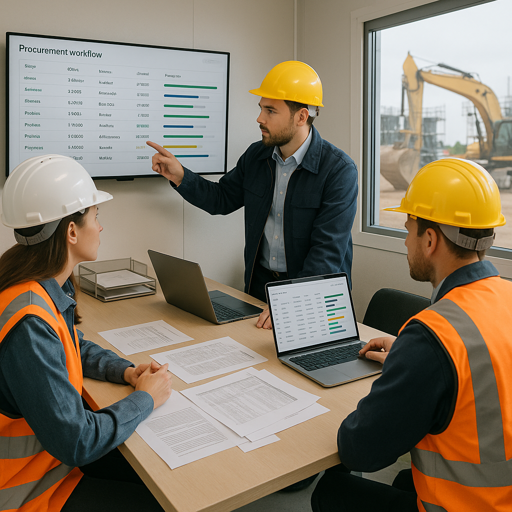 A realistic depiction of a construction site office with staff reviewing procurement workflows on a digital dashboard. I...