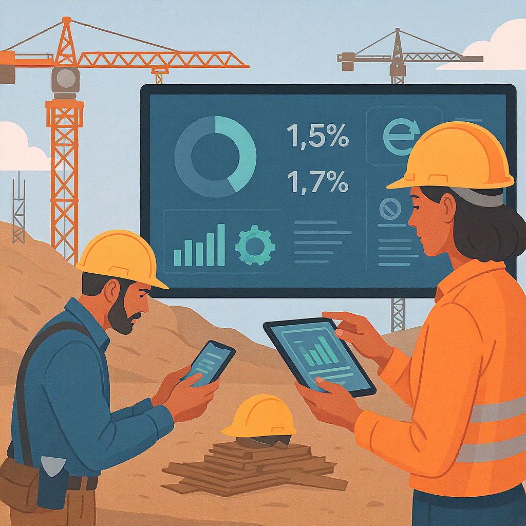 A detailed illustration of a construction site with workers using tablets and smartphones, showing real-time data update...